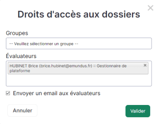 Capture d'écran de la modale des droits d'accès aux dossiers